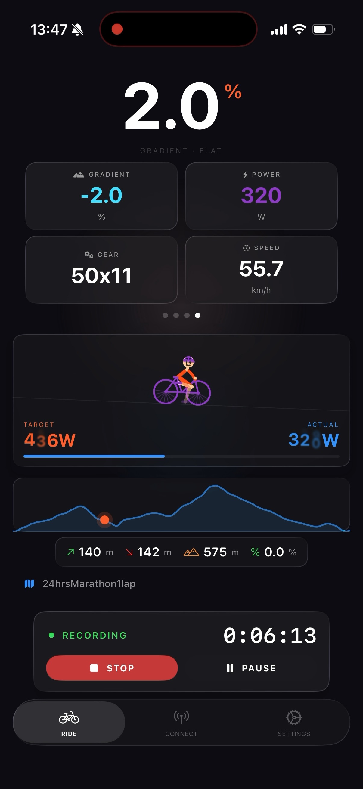 Cyrace Simulation Mode — riding a real GPX route with gradient resistance